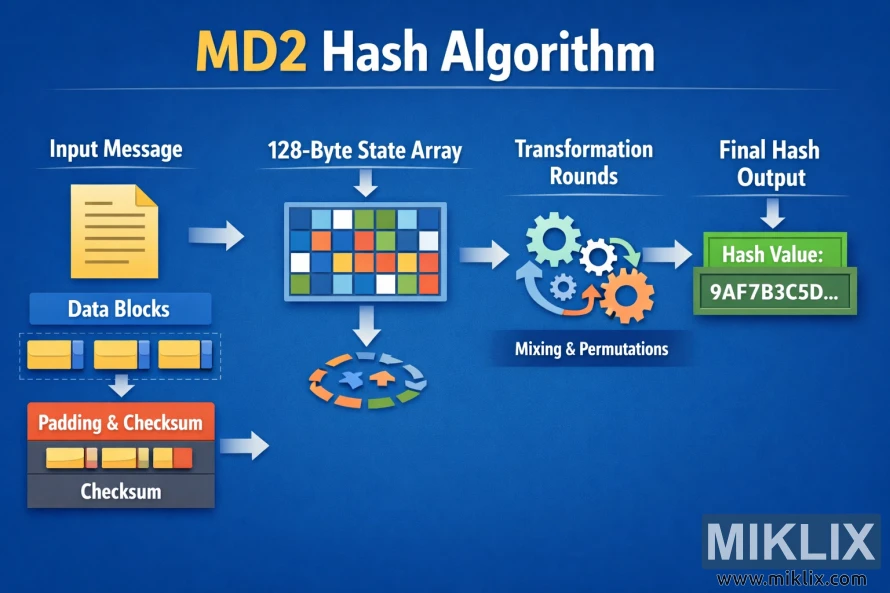 Infographic showing the MD2 hash algorithm flow from input message through data blocks, padding and checksum, state array mixing rounds, and final hash output.