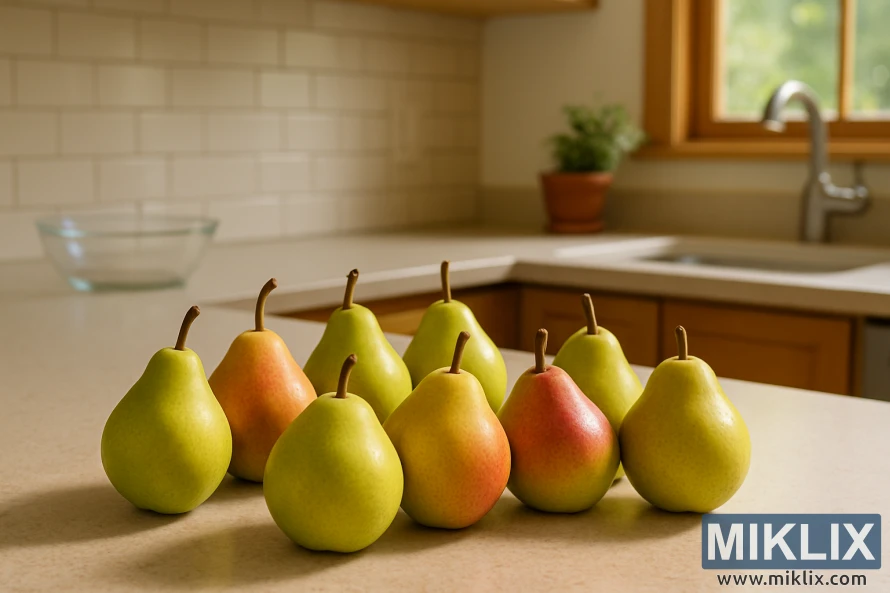 Freshly harvested pears in varied ripeness on a beige kitchen countertop. Freshly harvested pears in varied ripeness on a beige kitchen countertop.