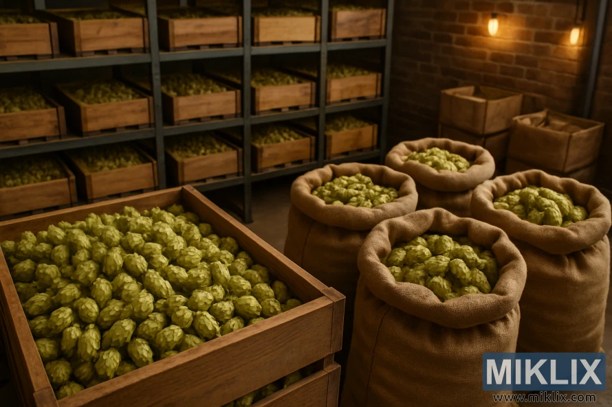 Vaizdas iš viršaus, kuriame matomos džiovintais apyniais pripildytos medinės dėžės ir džiuto maišai šiltoje, gerai apšviestoje saugykloje. Vaizdas iš viršaus, kuriame matomos džiovintais apyniais pripildytos medinės dėžės ir džiuto maišai šiltoje, gerai apšviestoje saugykloje.