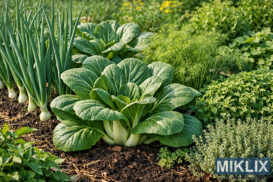 Bok choy-planter som vokser sammen med løk og grønne urter i et solbelyst hagebed med rik jord Bok choy-planter som vokser sammen med løk og grønne urter i et solbelyst hagebed med rik jord