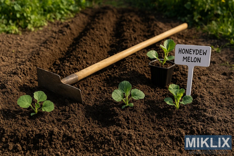 Freshly tilled garden bed with honeydew melon seedlings, gardening tools, and plant label Freshly tilled garden bed with honeydew melon seedlings, gardening tools, and plant label