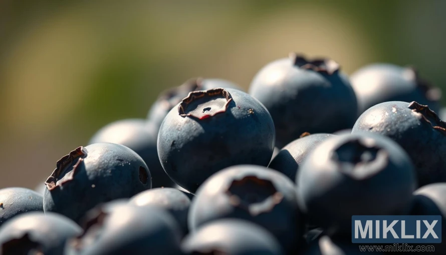 Lähikuva kypsistä mustikoista syvän sinisissä sävyissä sivuvalaistuksen alla sumeaa taustaa vasten. Lähikuva kypsistä mustikoista syvän sinisissä sävyissä sivuvalaistuksen alla sumeaa taustaa vasten.