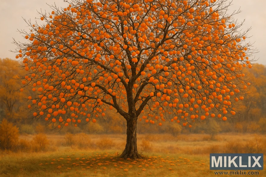 A mature persimmon tree filled with bright orange fruits standing in a golden autumn field. A mature persimmon tree filled with bright orange fruits standing in a golden autumn field.