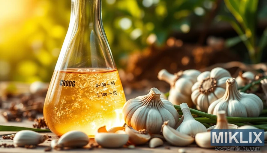 Cốc đựng chất lỏng màu vàng với củ tỏi tươi trong bối cảnh thiên nhiên tươi tốt. Cốc đựng chất lỏng màu vàng với củ tỏi tươi trong bối cảnh thiên nhiên tươi tốt.