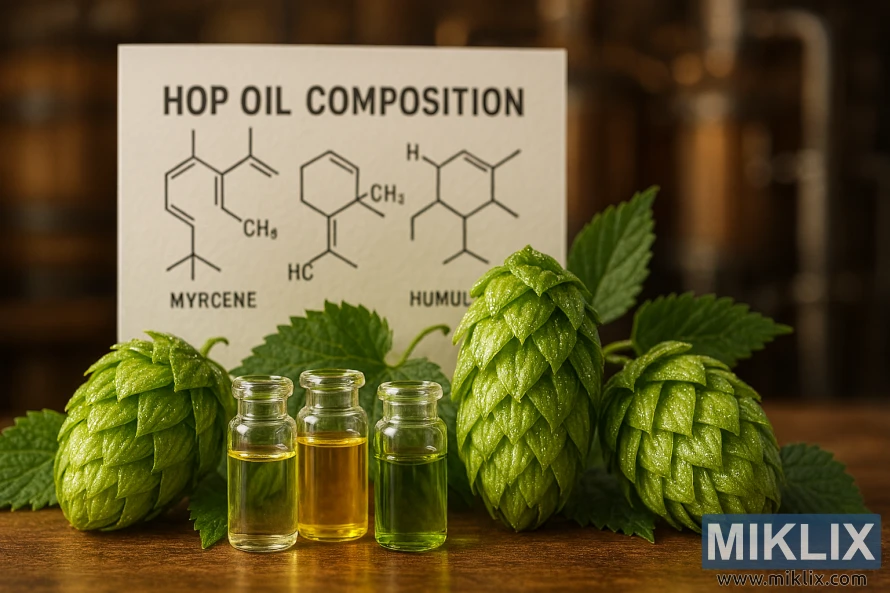 Fresh hop cones, glass vials of hop oil, and chemical diagrams in a warm brewery background