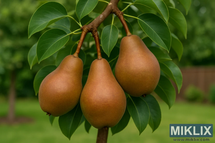 Close-up of ripe russet-toned Warren pears hanging from a branch with dark green leaves. Close-up of ripe russet-toned Warren pears hanging from a branch with dark green leaves.
