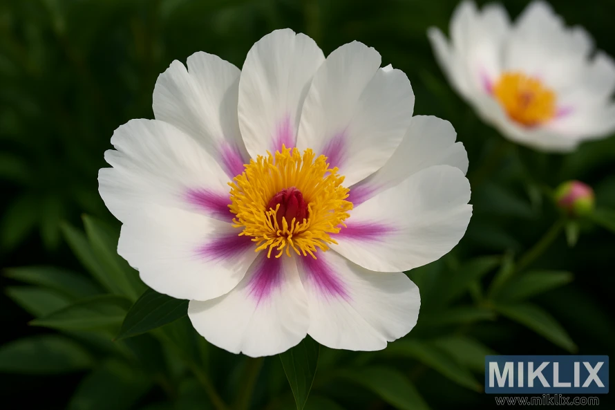 A close-up of a Cora Louise intersectional peony with large white petals and striking lavender-pink flares around a golden-yellow center.