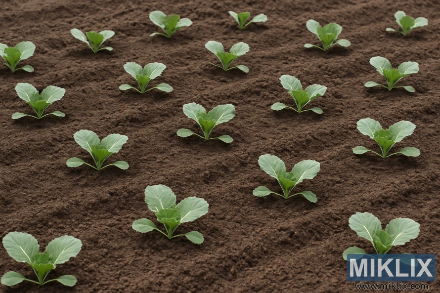 Redovi mladih sadnica kupusa ravnomjerno raspoređenih po dobro pripremljenoj vrtnoj gredici s bogatim smeđim tlom. Redovi mladih sadnica kupusa ravnomjerno raspoređenih po dobro pripremljenoj vrtnoj gredici s bogatim smeđim tlom.