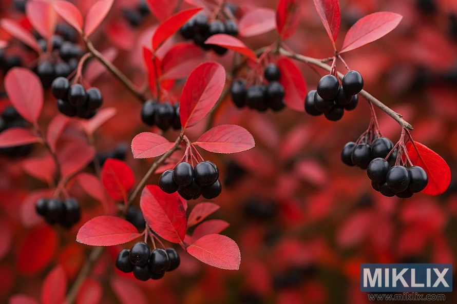 Närbild av vikingarisk aroniabuske med klasar av glansiga svarta bär mot vibrerande rött höstlövverk. Närbild av vikingarisk aroniabuske med klasar av glansiga svarta bär mot vibrerande rött höstlövverk.