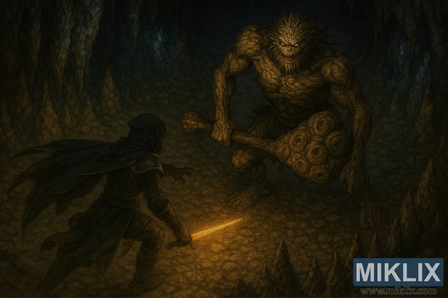 एल्डेन रिङको पुरानो अल्टस टनेलमा स्टोनडिगर ट्रोलसँग लडिरहेको कालो चक्कु कवचमा टार्निश्डको अर्ध-यथार्थवादी फ्यान आर्ट