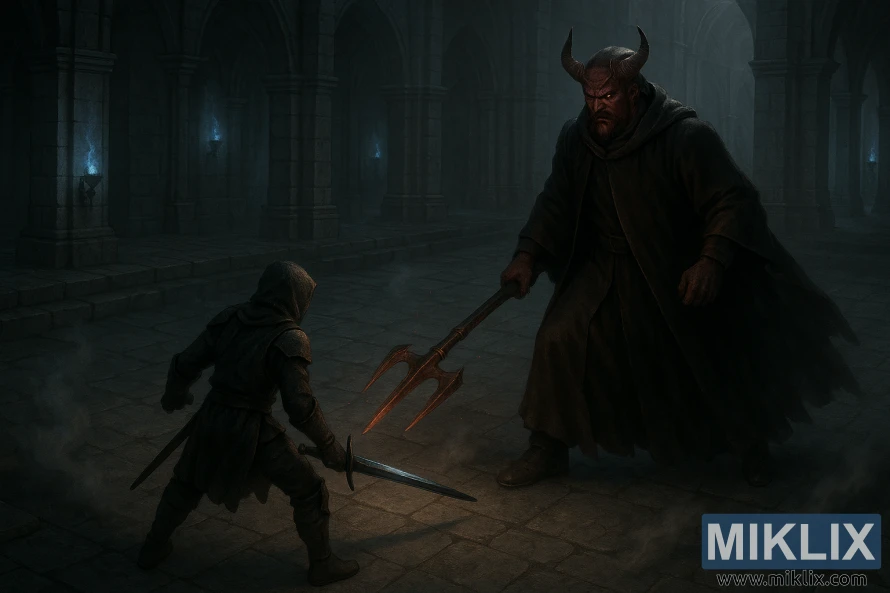 Realistic dark fantasy scene in a cathedral where the Tarnished faces Mohg the Omen, who wields a fiery three-pronged trident.