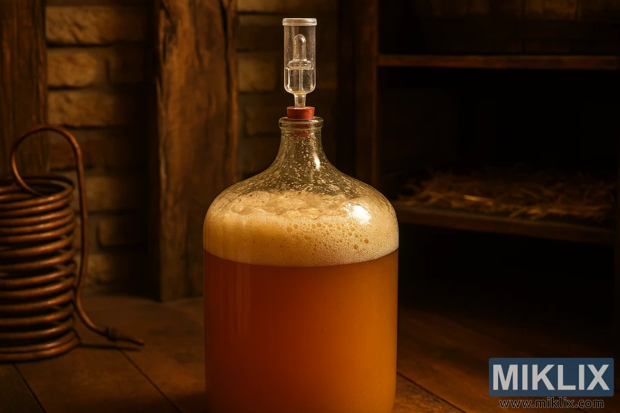 Glasdamjeanne som jäser tysk Hefeweizen-öl i en traditionell rustik hembryggningsmiljö