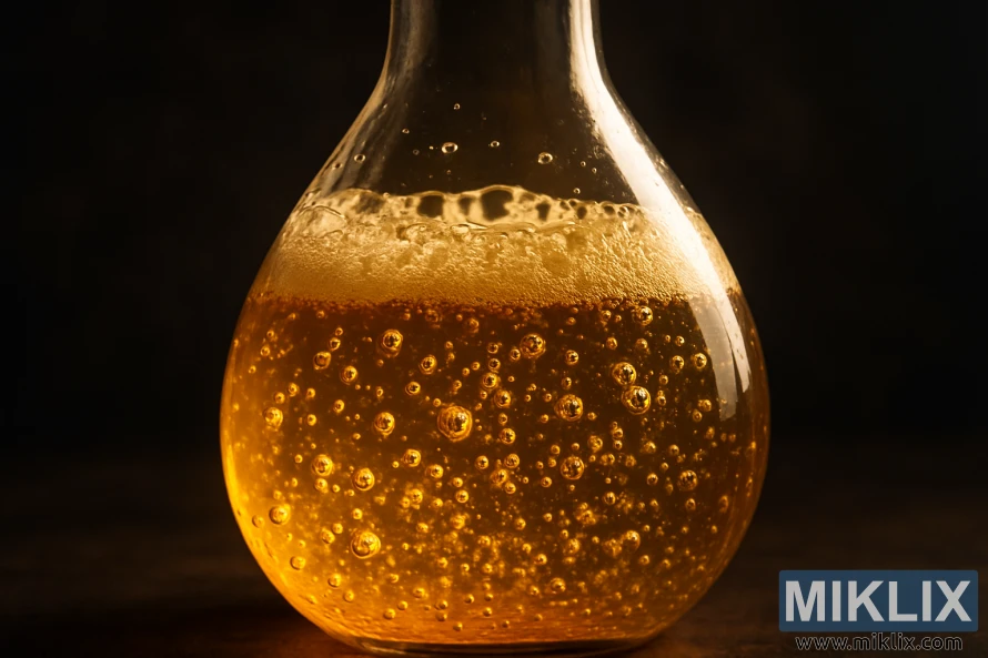 Kusa da gilashin gilashi tare da ruwan kumfa na zinare a gaban bango mai duhu. Kusa da gilashin gilashi tare da ruwan kumfa na zinare a gaban bango mai duhu.