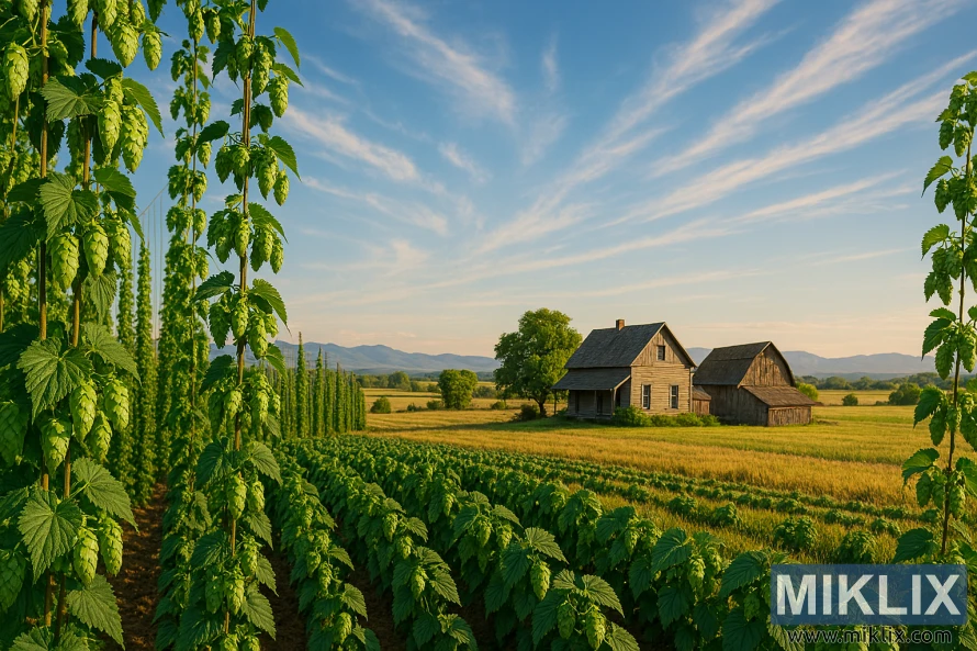 Hop plants on trellises with a rustic farmhouse and barn in a golden field under a blue sky