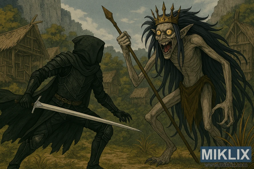 Anime-style fan art of Tarnished in Black Knife armor confronting Demi-Human Queen Maggie in Elden Ring