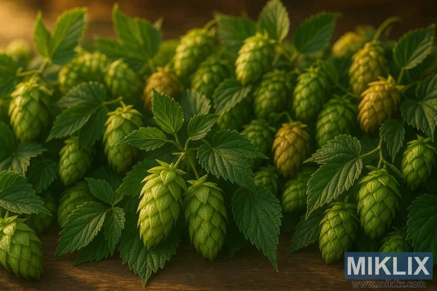 Utvalg av fersk sterling og annen humle i gylden time.