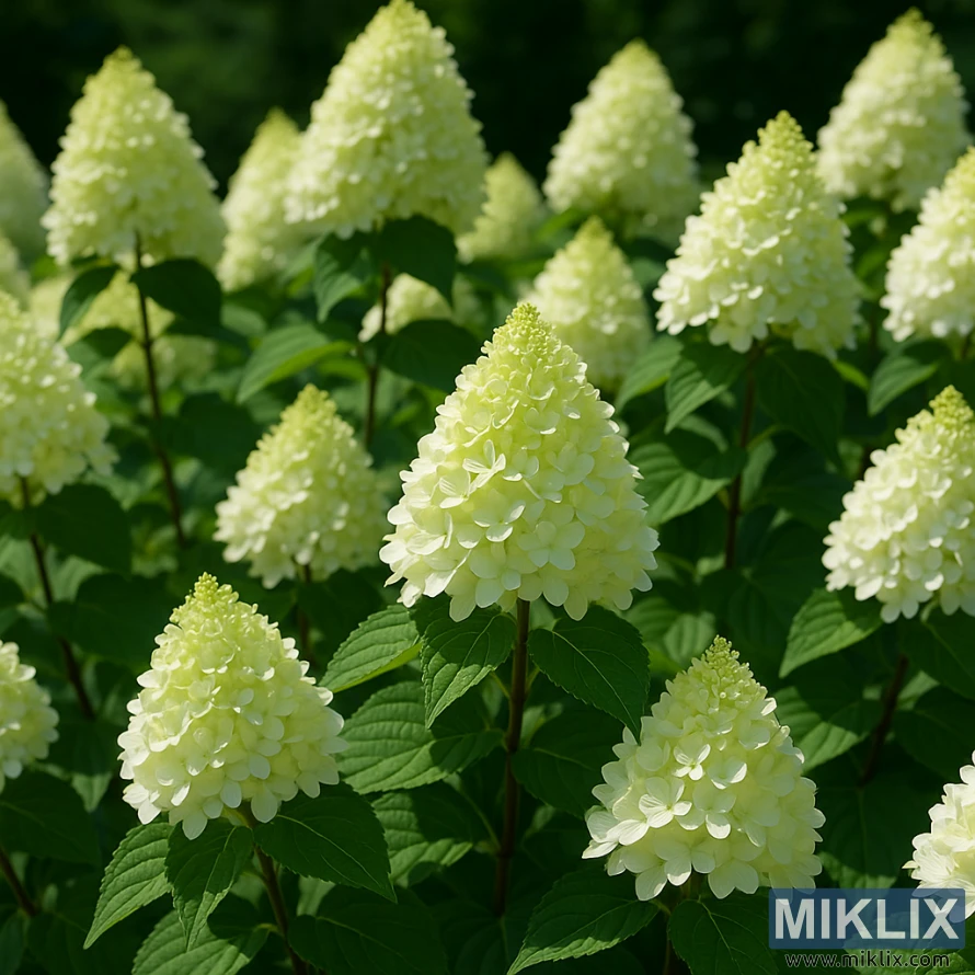 Limelight hydrangeas with tall lime-green to white conical blooms above lush green foliage.