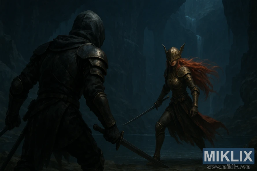 A rear-angled view of a Black Knife Assassin approaching Malenia, who stands poised with a single sword in a vast underground cavern.