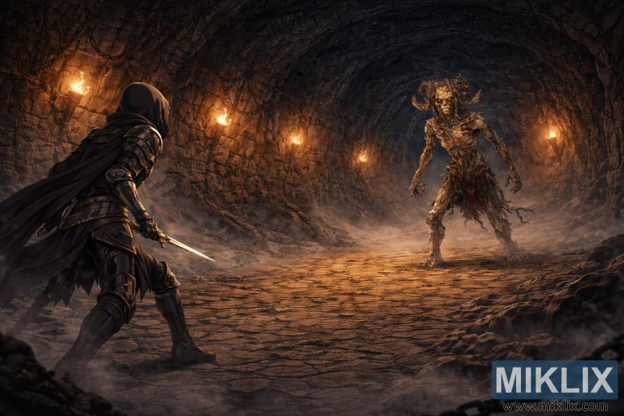 Bred anime-stil fangehullskonfrontasjon: Tarnished in Black Knife-rustningen til venstre, sett bakfra med trukket dolk, vender mot den hornede Lamenter over en tåkete steinkorridor opplyst av fakler og hengende lenker.