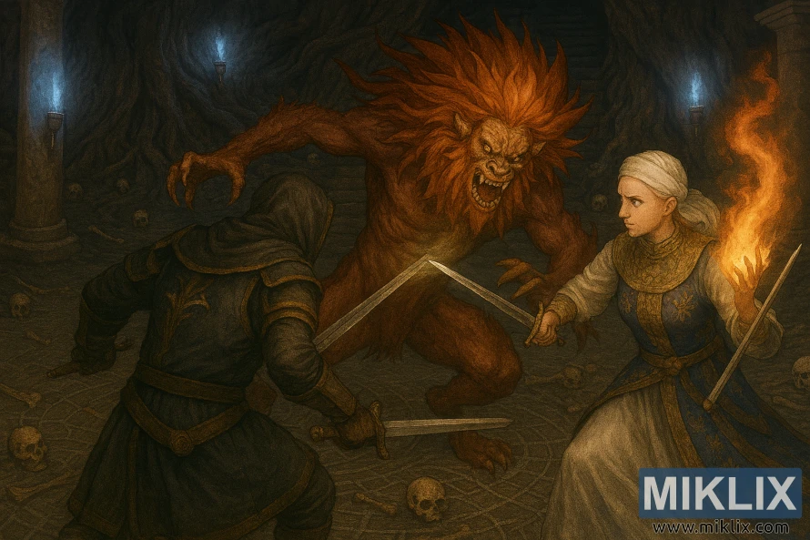 Semi-realistic Elden Ring fan art showing the Tarnished fighting Perfumer Tricia and Misbegotten Warrior in a ruined dungeon