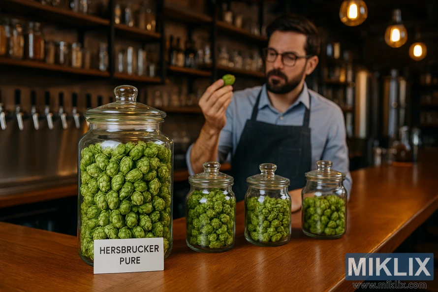 Craft brewery bar with Hersbrucker Pure hops in glass jars and brewer inspecting a hop cone