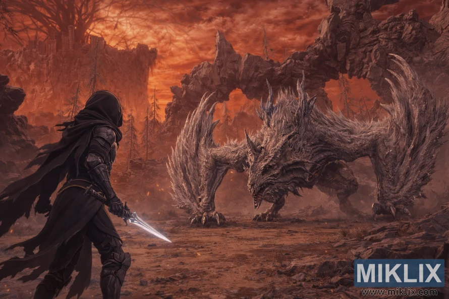 Anime-style fan art of the Tarnished in Black Knife armor facing the Jagged Peak Drake in the fiery foothills of Elden Ring: Shadow of the Erdtree, moments before battle. Anime-style fan art of the Tarnished in Black Knife armor facing the Jagged Peak Drake in the fiery foothills of Elden Ring: Shadow of the Erdtree, moments before battle.