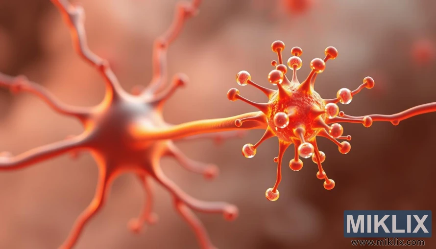 3D neuron with neurotransmitters and tyrosine molecules in a glowing scene. 3D neuron with neurotransmitters and tyrosine molecules in a glowing scene.