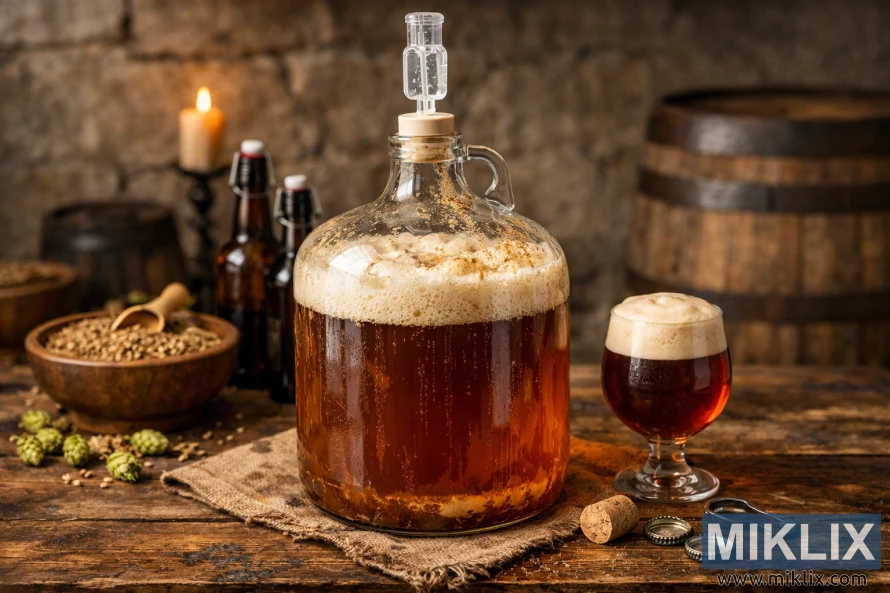 Glass carboy fermenting Belgian abbey ale on a rustic wooden table, with foamy krausen, airlock, hops, barley, bottles, and a chalice of dark amber beer in warm cellar light.