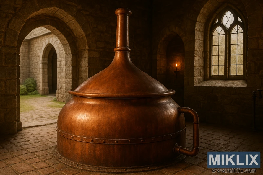 Un vas mare de bere din cupru în interiorul unei abații belgiene rustice, cu ziduri de piatră, ferestre gotice și lumina lumânărilor. Un vas mare de bere din cupru în interiorul unei abații belgiene rustice, cu ziduri de piatră, ferestre gotice și lumina lumânărilor.