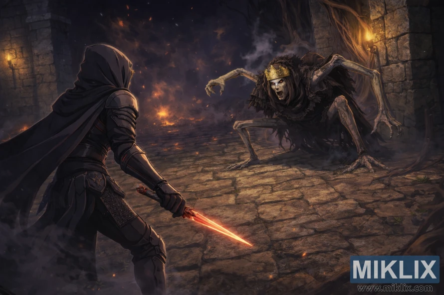 ଯୁଦ୍ଧ ପୂର୍ବରୁ ଅନ୍ଧାର କିଙ୍ଗସ୍ରେଲ୍ମ ଧ୍ୱଂସାବଶେଷରେ ରୟାଲ୍ ରେଭେନାଣ୍ଟକୁ ସତର୍କତାର ସହିତ ମୁହଁ କରି କଳା ଛୁରୀରେ ଟାର୍ଣ୍ଣିସ୍ଡ୍ କବଚ ଦେଖାଇଥିବା ଆନିମେ-ଶୈଳୀର ପ୍ରଶଂସକ କଳା।