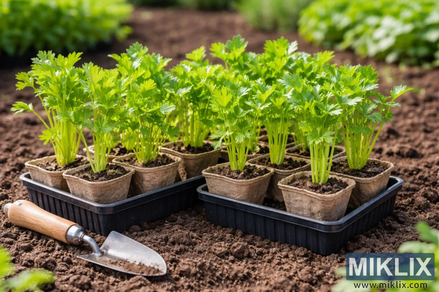 Fidanë të rinj selino që rriten në vazo të biodegradueshme të vendosura në tabaka mbi tokë të sapopunuar të kopshtit me një mistri dore afër.