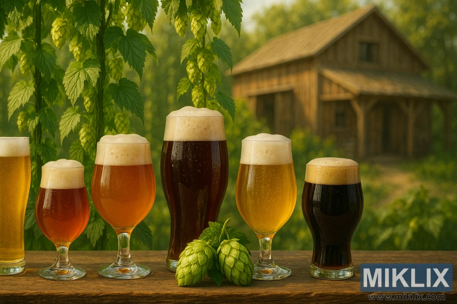 Erilaisia Agnus-humalan makuisia olutlaseja asetettu humala-astioiden ja maalaismaisen panimon eteen. Erilaisia Agnus-humalan makuisia olutlaseja asetettu humala-astioiden ja maalaismaisen panimon eteen.