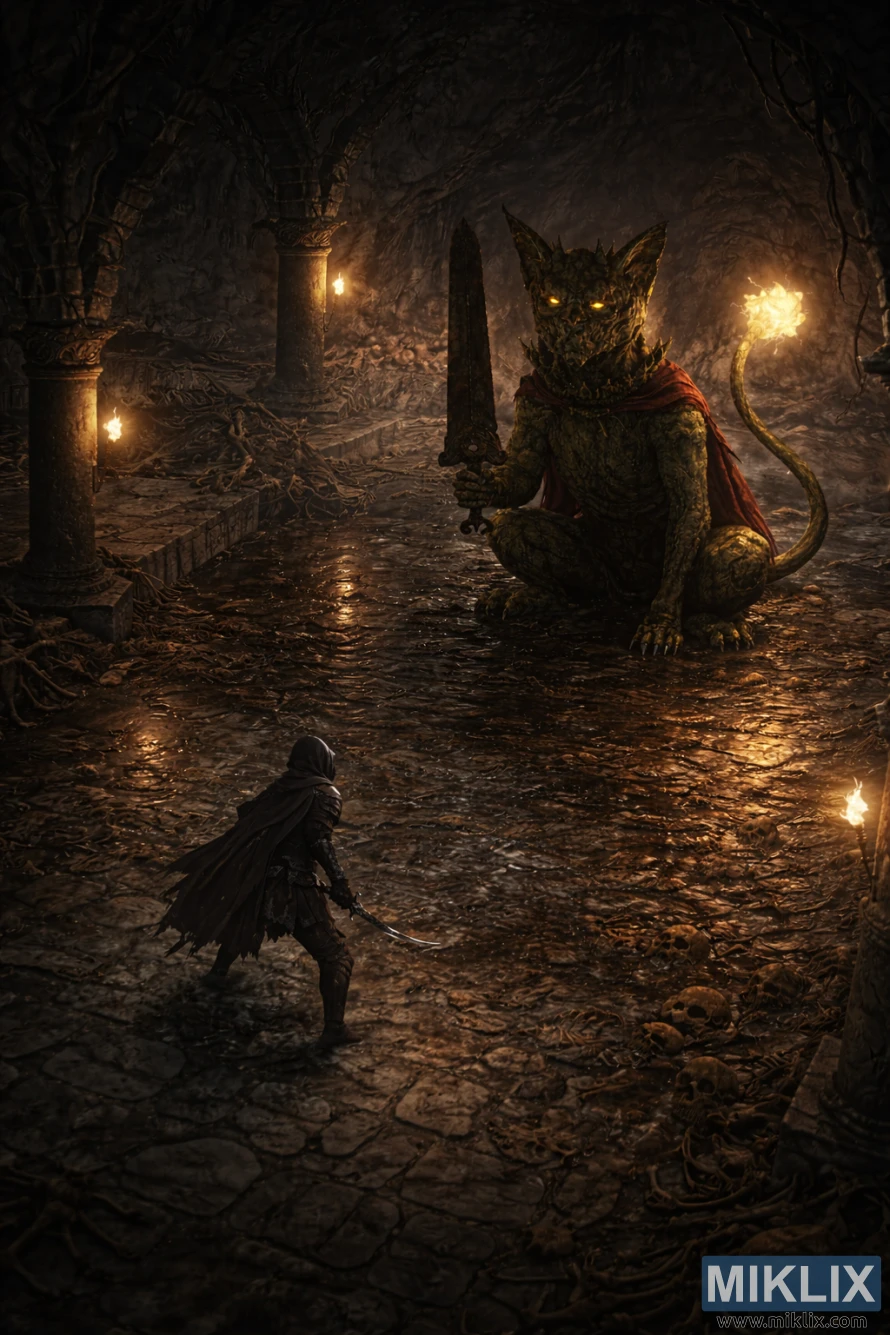 Isometric dark fantasy scene of a cloaked armored warrior confronting a colossal seated stone watchdog in a torch-lit underground catacomb filled with bones and shallow water.