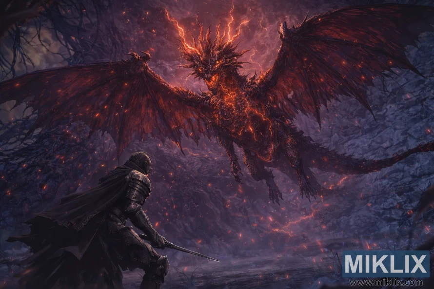 Fanowska grafika w stylu anime przedstawiająca Tarnished in Black Knife, zbroi unoszącego się w powietrzu Lichdragona Fortissaxa, pośród szkarłatnych piorunów w Głębinach.