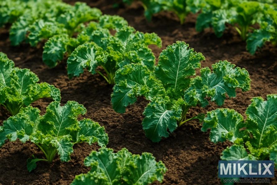 Rows of vibrant green kale plants growing evenly spaced in rich dark soil under bright sunlight.