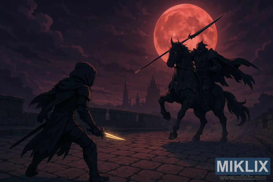 Anime-style illustration of a hooded Tarnished facing the Night’s Cavalry on a rearing black horse under a blood-red moon on a stone bridge.