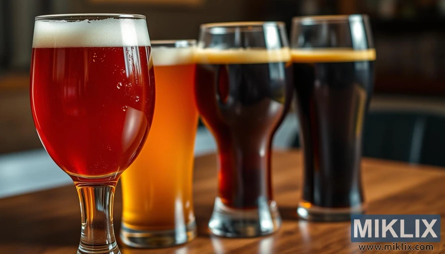 Ulike rugøl i forskjellige glass på et trebord, rav til mahognifarger.