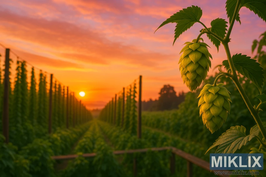 Soloppgang over et frodig humlefelt med duggvåte Pacific Sunrise-humlekjegler i forgrunnen.