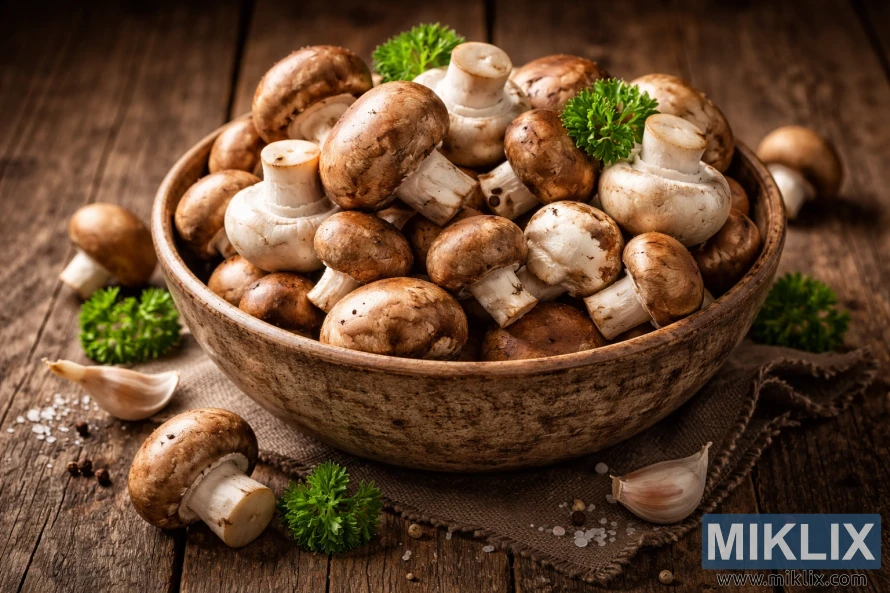 En rustik skål fyldt med friske brune svampe på et træbord med hvidløg, persille, salt og peberkorn.