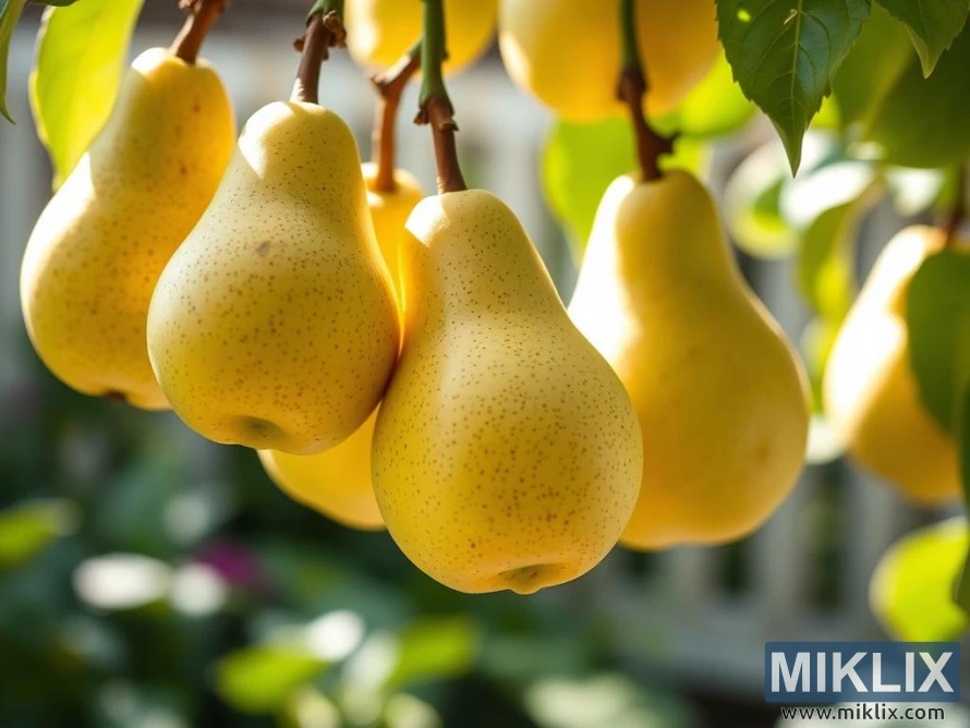 Гроздь спелых желтых груш висит на ветке дерева с зелеными листьями. Гроздь спелых желтых груш висит на ветке дерева с зелеными листьями.