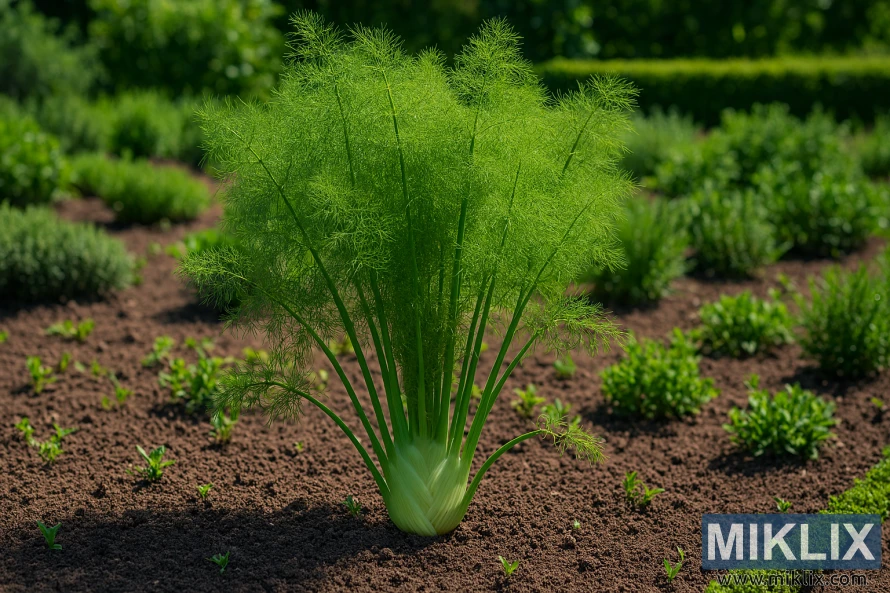 Foeniculum vulgare growing in a sunlit herb garden bed with feathery green foliage and bulbous base