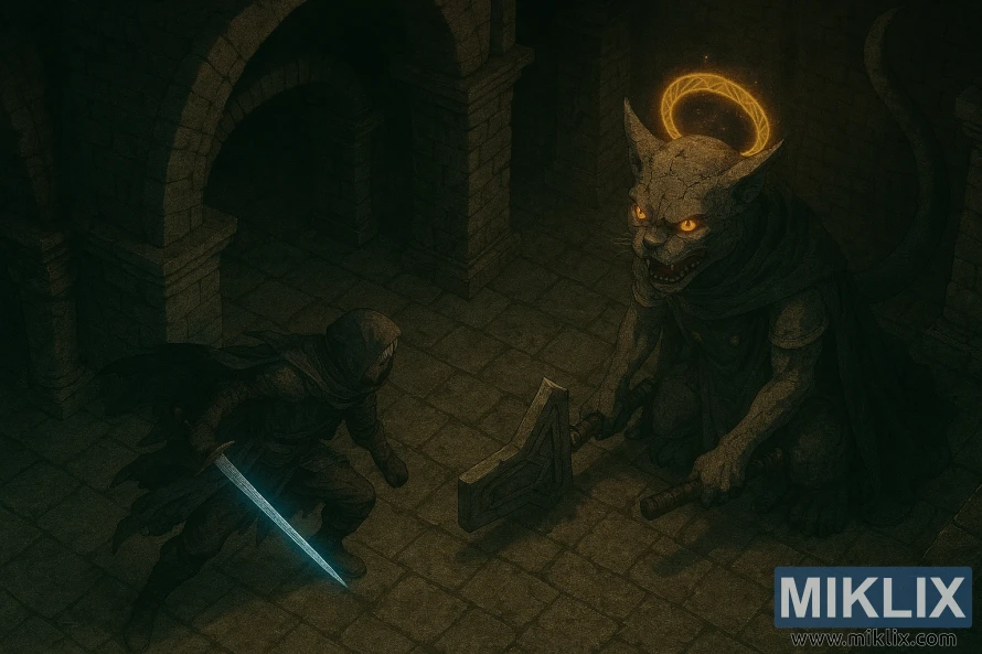 Realistic fan art of Tarnished fighting Erdtree Burial Watchdog in Wyndham Catacombs