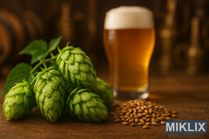 Still life of fresh hops, malted grains, and a glass of beer in a rustic brewery setting Still life of fresh hops, malted grains, and a glass of beer in a rustic brewery setting