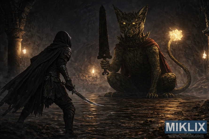 Dark fantasy scene of a cloaked armored warrior confronting a gigantic seated stone watchdog boss in a flooded underground catacomb lit by torches.