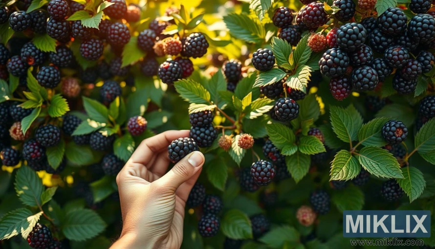 Tangan memetik buah blackberry matang dari semak yang rimbun dengan sinar matahari yang menembus dedaunan.