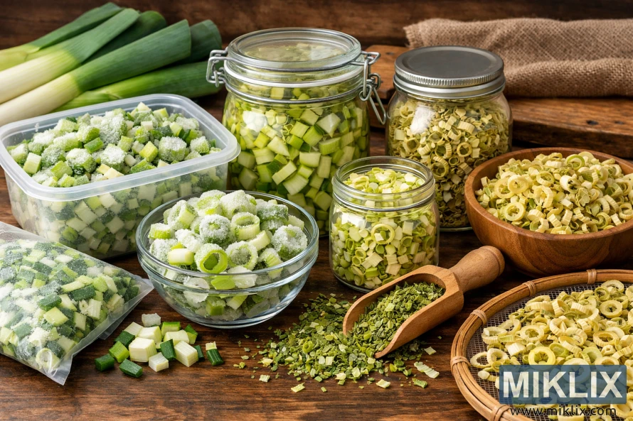 High-resolution image showing frozen and dried leeks in jars, bowls, freezer bags, and baskets on a rustic wooden table.