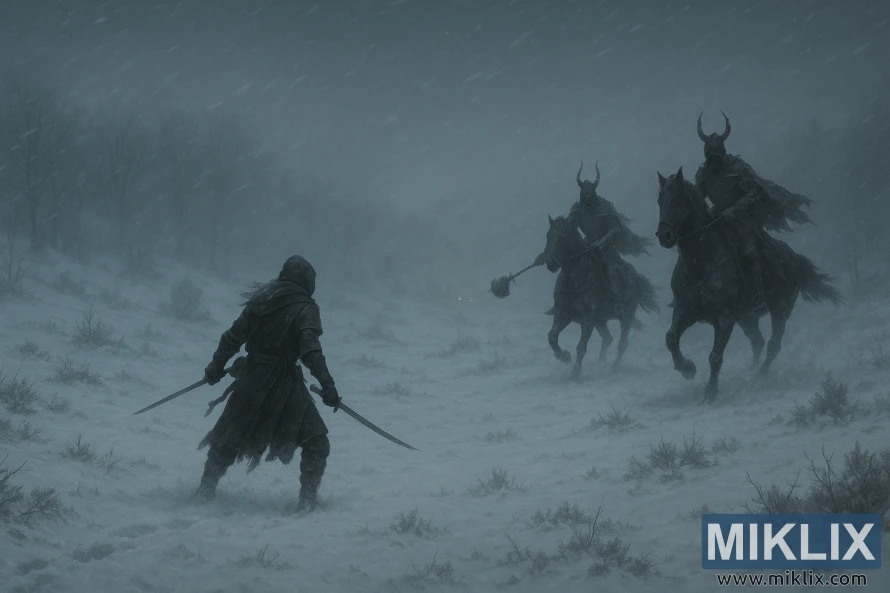 A lone Black Knife warrior stands in a snowy field as two Night’s Cavalry riders attempt to flank him in a blizzard. A lone Black Knife warrior stands in a snowy field as two Night’s Cavalry riders attempt to flank him in a blizzard.