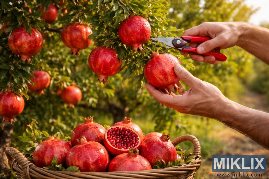 Hands harvesting ripe red pomegranates from a tree, with pruning shears and a basket of freshly picked fruit in warm sunlight. Hands harvesting ripe red pomegranates from a tree, with pruning shears and a basket of freshly picked fruit in warm sunlight.