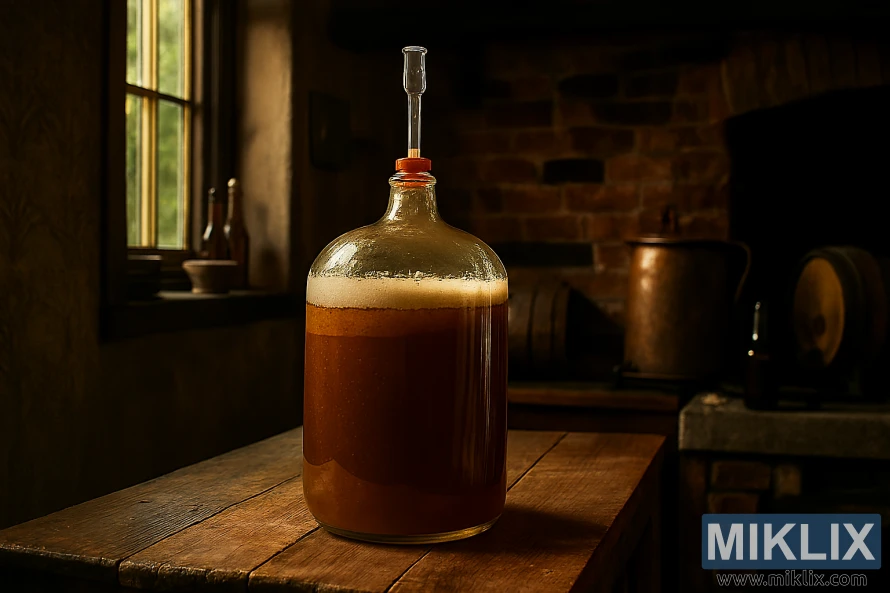 Ապակե կարբոյում սաթե գարեջուր է խմորվում փայտե սեղանի վրա՝ բրիտանական գեղջուկ տնական գարեջրատանը Ապակե կարբոյում սաթե գարեջուր է խմորվում փայտե սեղանի վրա՝ բրիտանական գեղջուկ տնական գարեջրատանը