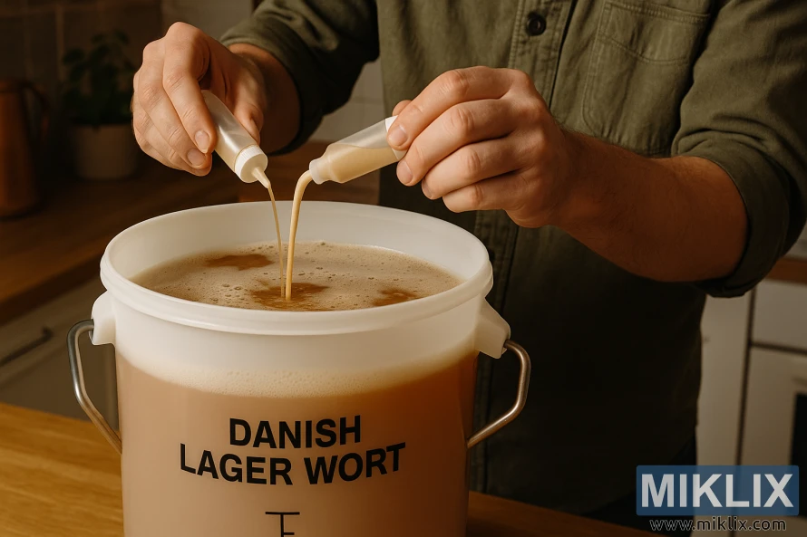 Homebrewer pouring liquid yeast from two squeeze tubes into a fermentation vessel of Danish lager wort. Homebrewer pouring liquid yeast from two squeeze tubes into a fermentation vessel of Danish lager wort.